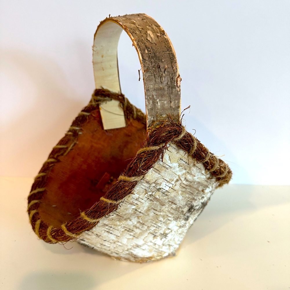 White Birch Bark Basket with Curved Handle